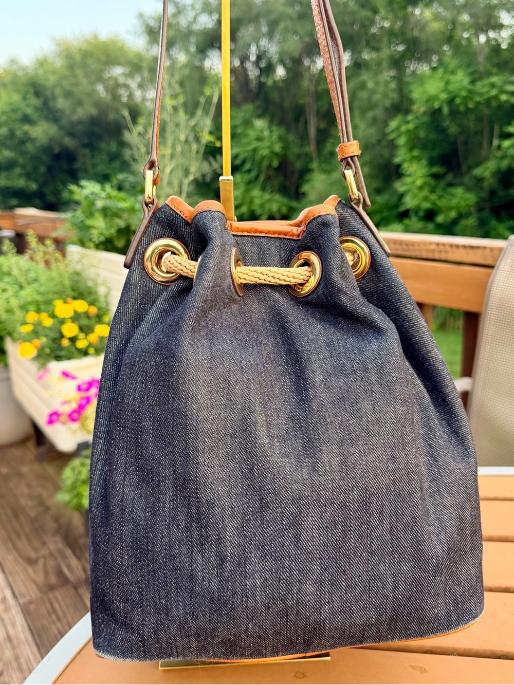 Michael Kors Marina Large Denim Drawstring Bucket Crossbody Bag w/ Branded Dusty - Picture 13 of 16